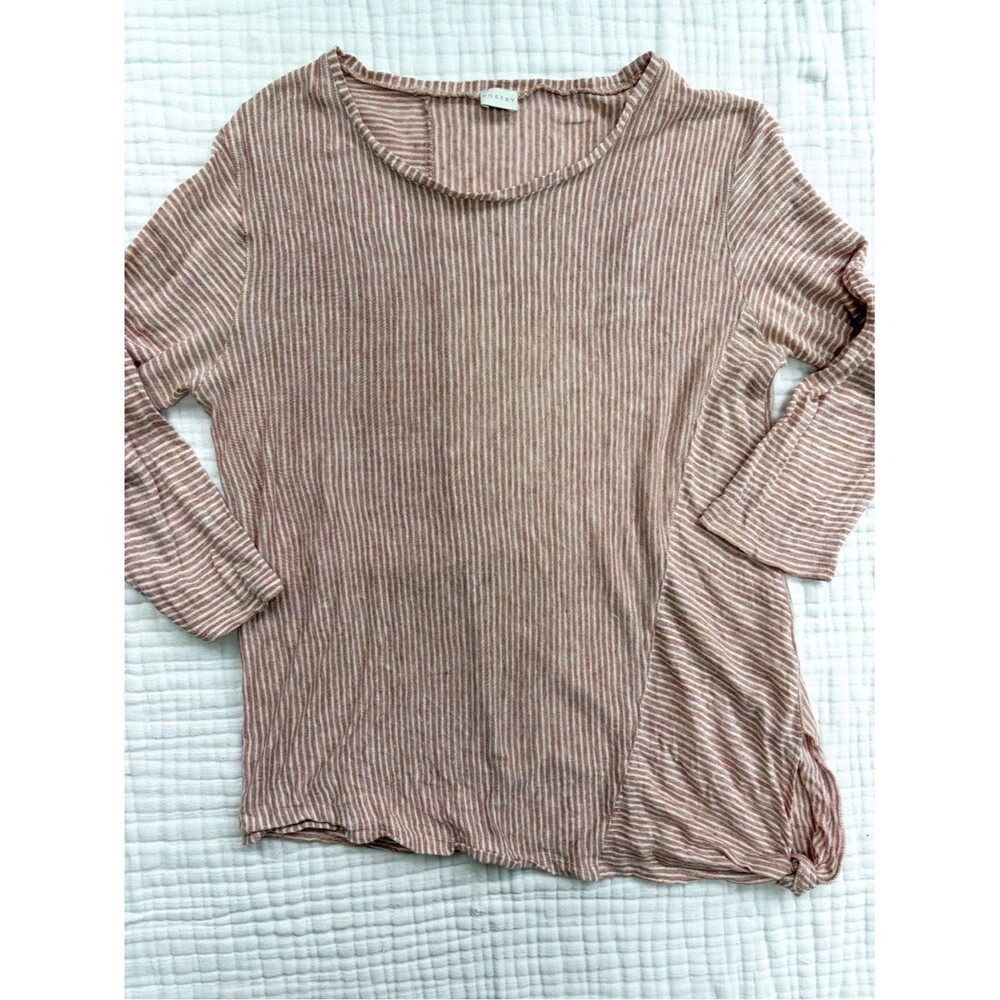 Poetry 100% Linen Striped Knot Hem Top Blush White Asymmetrical 3/4 Sleeve US 8
